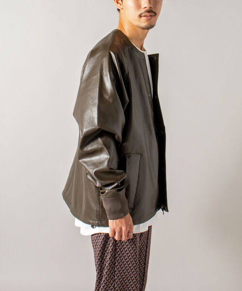 GLOSTER/グロスター】ノーカラーフェイクレザーブルゾン ビッグシルエット