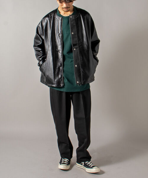 GLOSTER グロスター パデッド ノーカラー ライダース ブルゾン GLOSTER/グロスター】ノーカラーフェイクレザーブルゾン ビッグシルエット