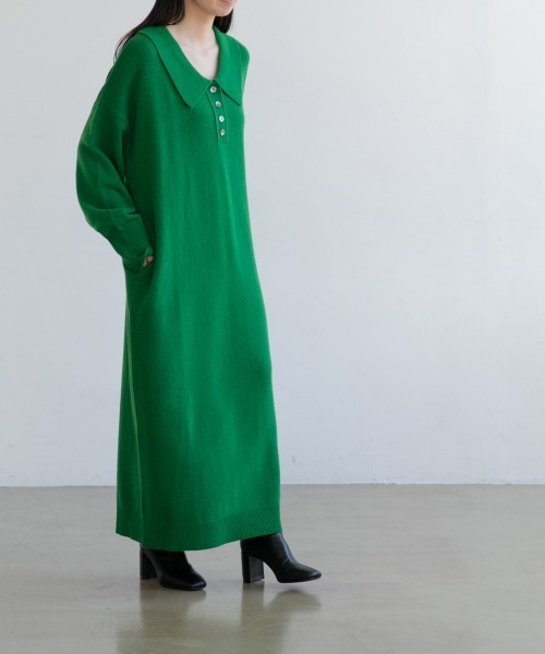 yuw（ユウ）の「BIG COLLAR KNIT　217955（ワンピース・レディース・ブラック/グリーン/グレー・FREE）」の3枚目の写真