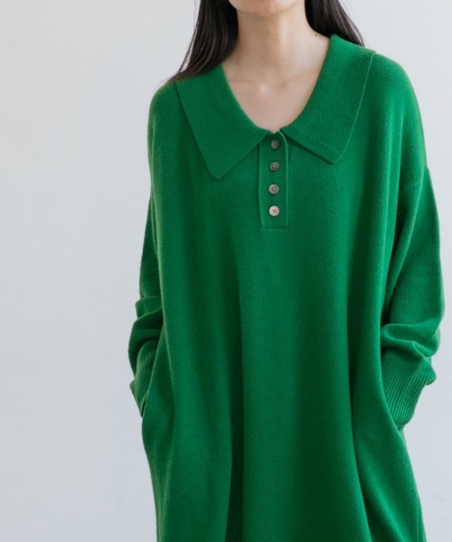 yuw（ユウ）の「BIG COLLAR KNIT　217955（ワンピース・レディース・ブラック/グリーン/グレー・FREE）」の4枚目の写真