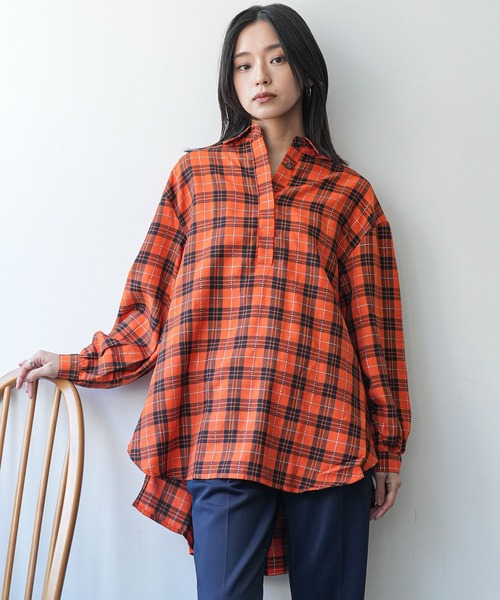 mili an deni（ミリアンデニ）の「チェックバックタックシャツワンピース（シャツワンピース・レディース・ブラック/ブラウン/チェック/ダークブラウン/オレンジ・L/M）」の4枚目の写真