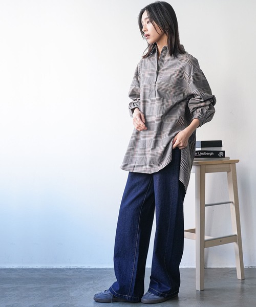 mili an deni（ミリアンデニ）の「チェックバックタックシャツワンピース（シャツワンピース・レディース・ブラック/ブラウン/チェック/ダークブラウン/オレンジ・L/M）」の11枚目の写真