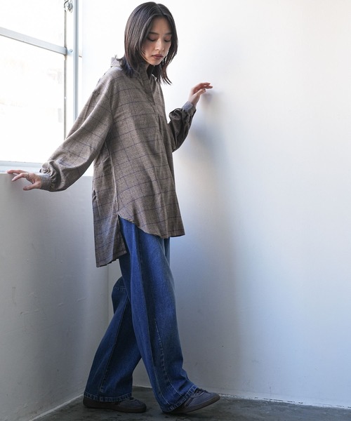 mili an deni（ミリアンデニ）の「チェックバックタックシャツワンピース（シャツワンピース・レディース・ブラック/ブラウン/チェック/ダークブラウン/オレンジ・L/M）」の8枚目の写真