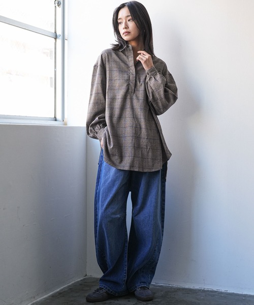 mili an deni（ミリアンデニ）の「チェックバックタックシャツワンピース（シャツワンピース・レディース・ブラック/ブラウン/チェック/ダークブラウン/オレンジ・L/M）」の7枚目の写真