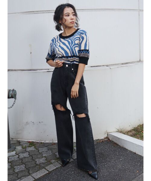 EVRIS（エヴリス）の「バックオープンジャガードニットトップス（ニット/セーター・レディース・オレンジ/ブルー/グリーン・FREE）」の5枚目の写真