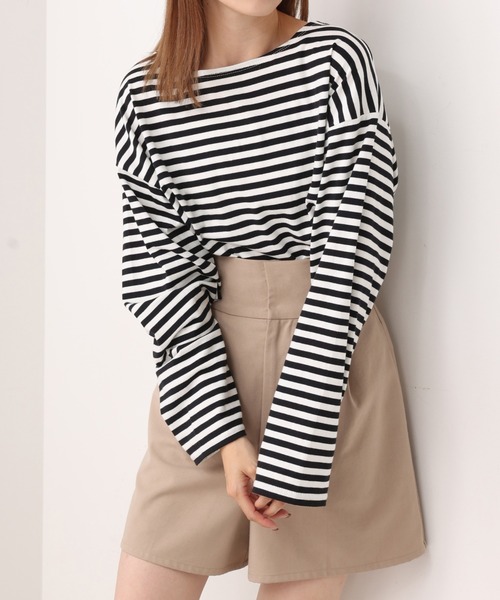 one after another NICE CLAUP（ワンアフターアナザーナイスクラップ）の「ルーズなシルエットでこなれ感を。ゆったりボーダーロンT（Tシャツ/カットソー・レディース・グリーン/ピンク/ブラック/イエロー・FREE）」の2枚目の写真