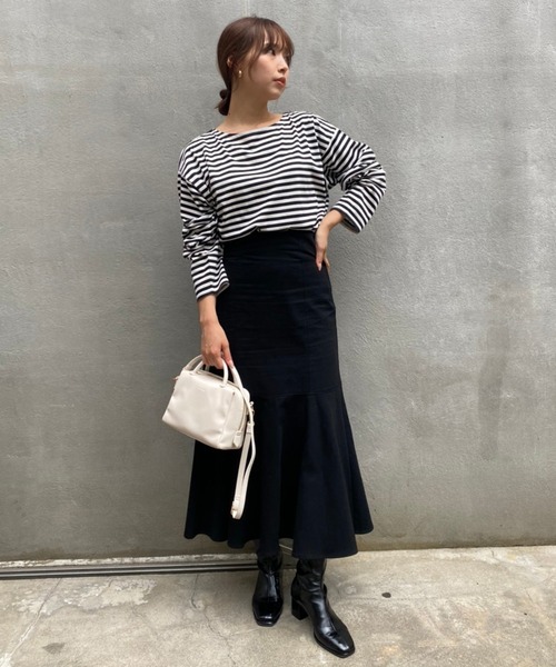 one after another NICE CLAUP（ワンアフターアナザーナイスクラップ）の「ルーズなシルエットでこなれ感を。ゆったりボーダーロンT（Tシャツ/カットソー・レディース・グリーン/ピンク/ブラック/イエロー・FREE）」の15枚目の写真