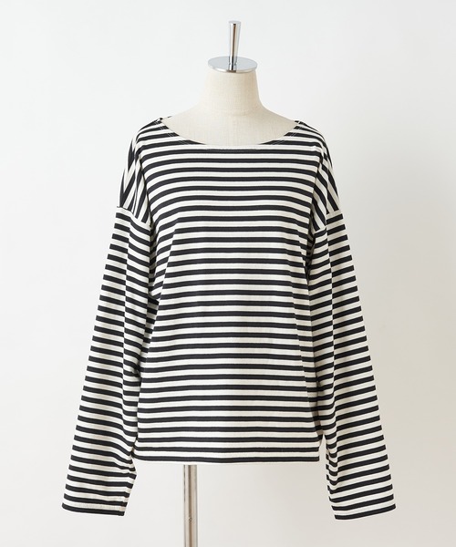 one after another NICE CLAUP（ワンアフターアナザーナイスクラップ）の「ルーズなシルエットでこなれ感を。ゆったりボーダーロンT（Tシャツ/カットソー・レディース・グリーン/ピンク/ブラック/イエロー・FREE）」の5枚目の写真