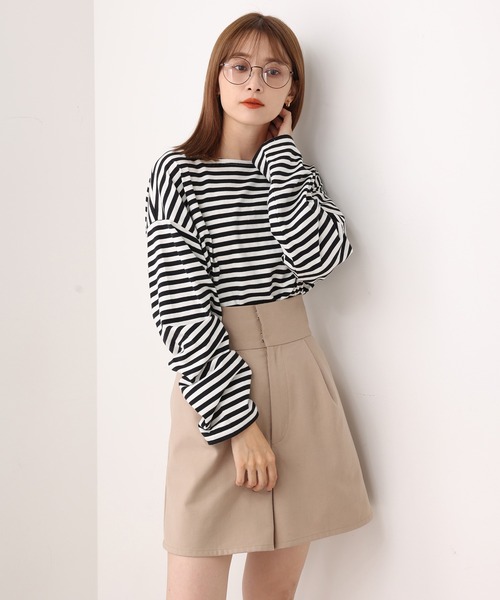 one after another NICE CLAUP（ワンアフターアナザーナイスクラップ）の「ルーズなシルエットでこなれ感を。ゆったりボーダーロンT（Tシャツ/カットソー・レディース・グリーン/ピンク/ブラック/イエロー・FREE）」の10枚目の写真