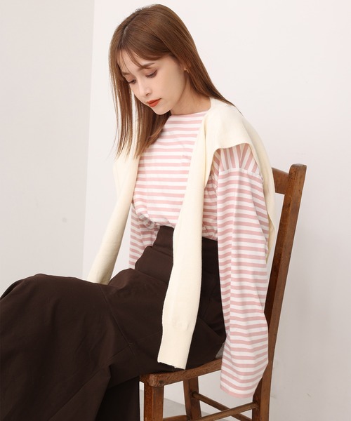 one after another NICE CLAUP（ワンアフターアナザーナイスクラップ）の「ルーズなシルエットでこなれ感を。ゆったりボーダーロンT（Tシャツ/カットソー・レディース・グリーン/ピンク/ブラック/イエロー・FREE）」の20枚目の写真