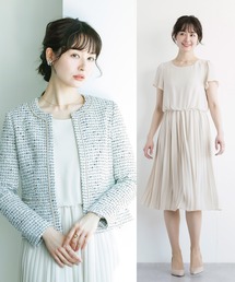WHITE JOOLA（ホワイトジョーラ）の「【2022 SS】カラーミックスツィードノーカラージャケット＆シフォンジョーゼットプリーツデザインワンピース　フォーマル2点セット（スーツセット）」