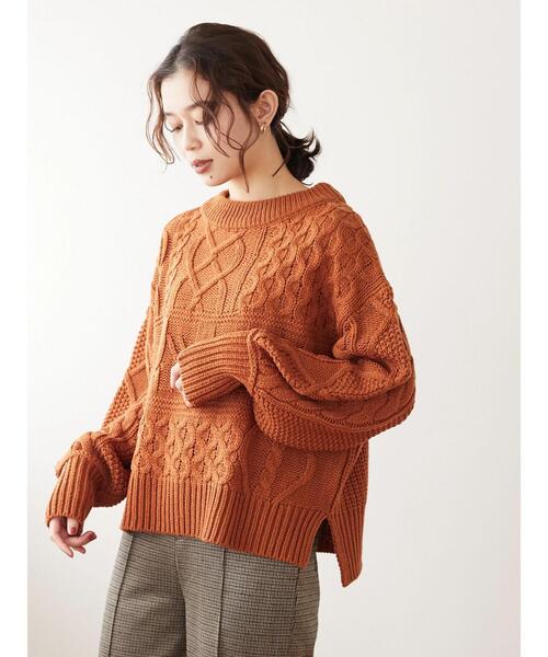 Sugar spoon(シュガースプーン)の「・SUGAR SPOON パッチワークケーブルニット*(ニット/セーター・レディース・オレンジ/アイボリー/モカ/杢グレー・FREE)」の12枚目の写真