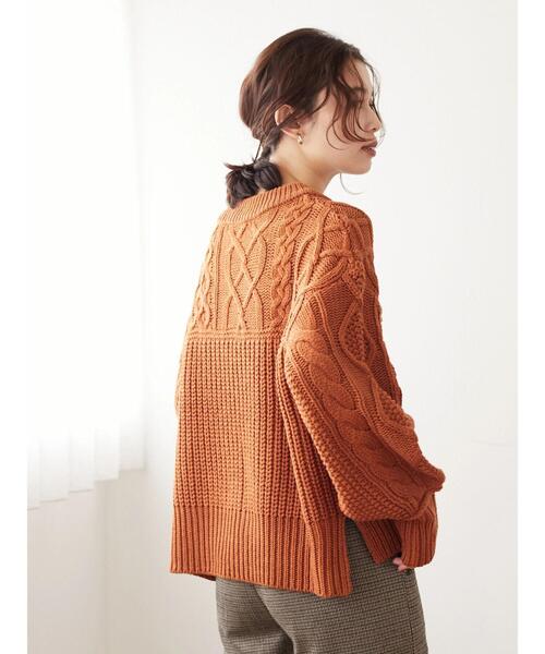 Sugar spoon(シュガースプーン)の「・SUGAR SPOON パッチワークケーブルニット*(ニット/セーター・レディース・オレンジ/アイボリー/モカ/杢グレー・FREE)」の17枚目の写真