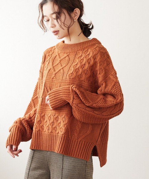 Sugar spoon(シュガースプーン)の「・SUGAR SPOON パッチワークケーブルニット*(ニット/セーター・レディース・オレンジ/アイボリー/モカ/杢グレー・FREE)」の4枚目の写真