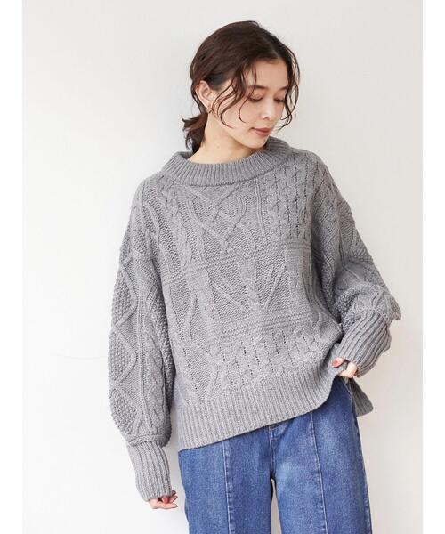 Sugar spoon(シュガースプーン)の「・SUGAR SPOON パッチワークケーブルニット*(ニット/セーター・レディース・オレンジ/アイボリー/モカ/杢グレー・FREE)」の6枚目の写真