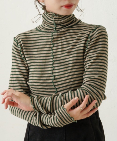 Kastane（カスタネ）の「メローリブボーダーハイネックニット（ニット/セーター・レディース・ブラック/グリーン/ライトベージュ・FREE）」の3枚目の写真