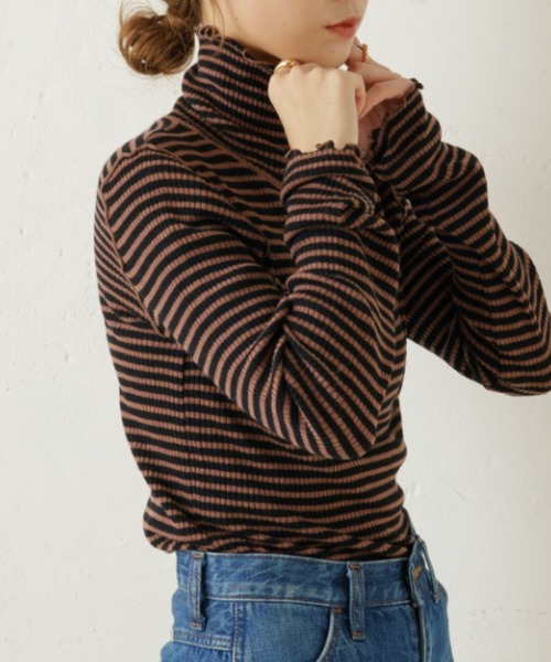 Kastane（カスタネ）の「メローリブボーダーハイネックニット（ニット/セーター・レディース・ブラック/グリーン/ライトベージュ・FREE）」の2枚目の写真