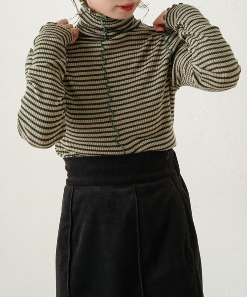 Kastane（カスタネ）の「メローリブボーダーハイネックニット（ニット/セーター・レディース・ブラック/グリーン/ライトベージュ・FREE）」の10枚目の写真