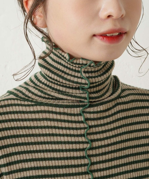 Kastane（カスタネ）の「メローリブボーダーハイネックニット（ニット/セーター・レディース・ブラック/グリーン/ライトベージュ・FREE）」の11枚目の写真