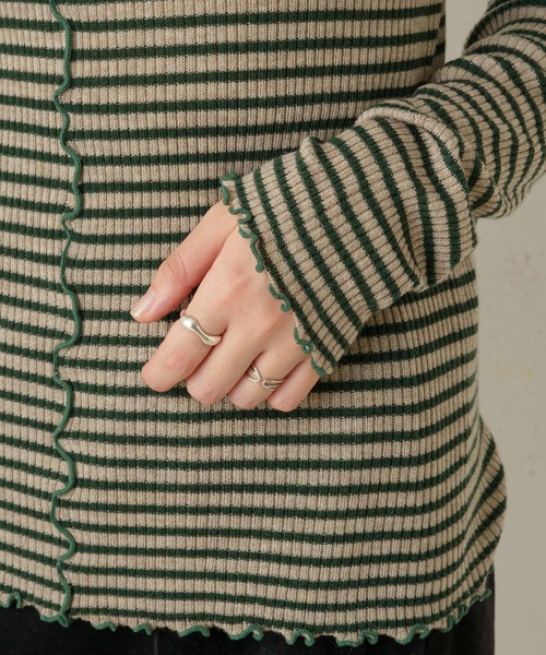 Kastane（カスタネ）の「メローリブボーダーハイネックニット（ニット/セーター・レディース・ブラック/グリーン/ライトベージュ・FREE）」の12枚目の写真