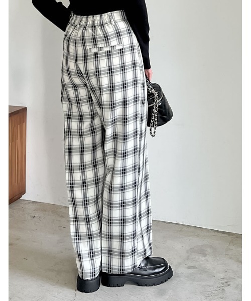低身長サイズ有]先染めチェック柄ストレートパンツ（スラックス）｜Re