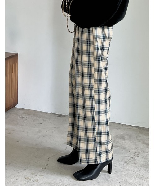 低身長サイズ有]先染めチェック柄ストレートパンツ（スラックス）｜Re