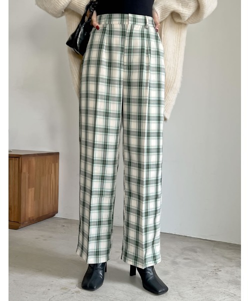 低身長サイズ有]先染めチェック柄ストレートパンツ（スラックス）｜Re