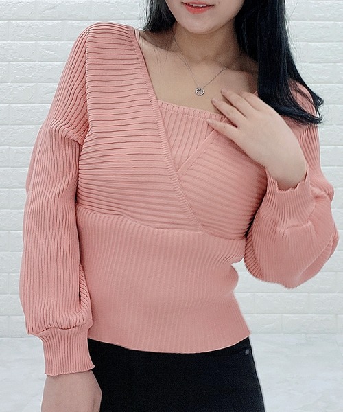 Lace Ladies(レースレディース)の「レイヤードリブニット Vネック 長袖(ニット/セーター・レディース・ホワイト/ブラック/ピンク/モカ・FREE)」の4枚目の写真