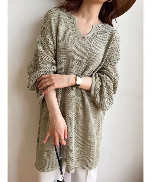 JUMELLE（ジュメロ）の「ブロックネット編みプルオーバー（ニット/セーター・レディース・グリーン/テラコッタ・FREE）」の2枚目の写真