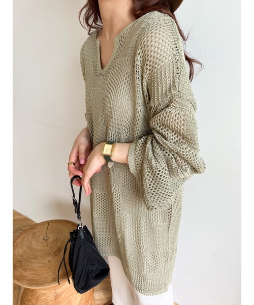 JUMELLE（ジュメロ）の「ブロックネット編みプルオーバー（ニット/セーター・レディース・グリーン/テラコッタ・FREE）」の8枚目の写真