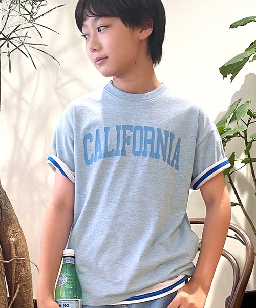 GLAZOS(グラソス)の「カラー杢天竺・接触冷感ドロップショルダーカレッジロゴ半袖Tシャツ(Tシャツ/カットソー・キッズ・パープル/オレンジ/ブルー/グリーン・130cm/140cm/150cm/160cm/170cm)」の1枚目の写真