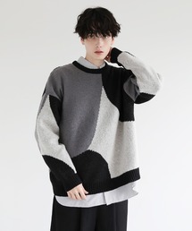 Buyer's Select/ビックシルエット変則柄ダブルジャガードクルーニット