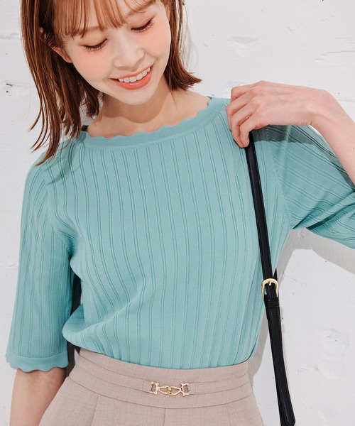 ROPE' PICNIC(ロペピクニック)の「Beauty knit/スカラップネックハーフスリーブニットプルオーバー/WEB限定カラーあり(ニット/セーター・レディース・ブラック/ブラウン/サックスブルー/グリーン系その他/イエロー系その他/オフホワイト/オレンジ系その他4・38)」の5枚目の写真