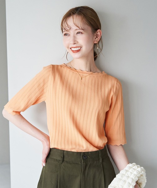 ROPE' PICNIC(ロペピクニック)の「Beauty knit/スカラップネックハーフスリーブニットプルオーバー/WEB限定カラーあり(ニット/セーター・レディース・ブラック/ブラウン/サックスブルー/グリーン系その他/イエロー系その他/オフホワイト/オレンジ系その他4・38)」の7枚目の写真