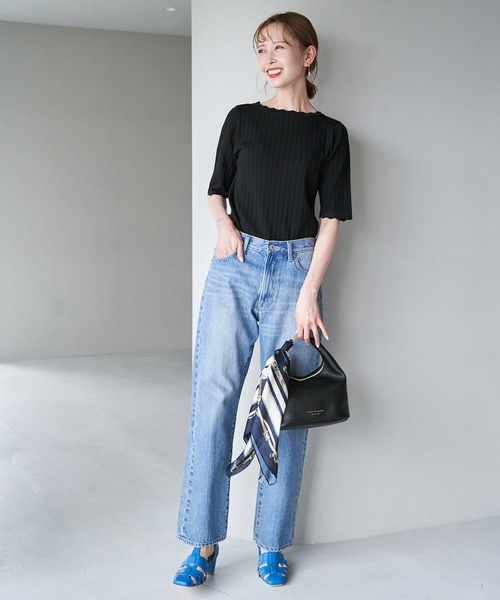 ROPE' PICNIC(ロペピクニック)の「Beauty knit/スカラップネックハーフスリーブニットプルオーバー/WEB限定カラーあり(ニット/セーター・レディース・ブラック/ブラウン/サックスブルー/グリーン系その他/イエロー系その他/オフホワイト/オレンジ系その他4・38)」の13枚目の写真