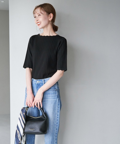 ROPE' PICNIC(ロペピクニック)の「Beauty knit/スカラップネックハーフスリーブニットプルオーバー/WEB限定カラーあり(ニット/セーター・レディース・ブラック/ブラウン/サックスブルー/グリーン系その他/イエロー系その他/オフホワイト/オレンジ系その他4・38)」の8枚目の写真
