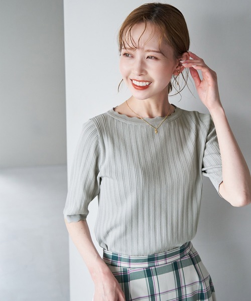 ROPE' PICNIC(ロペピクニック)の「Beauty knit/スカラップネックハーフスリーブニットプルオーバー/WEB限定カラーあり(ニット/セーター・レディース・ブラック/ブラウン/サックスブルー/グリーン系その他/イエロー系その他/オフホワイト/オレンジ系その他4・38)」の10枚目の写真