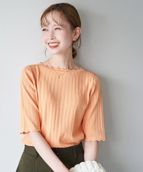 ROPE' PICNIC(ロペピクニック)の「Beauty knit/スカラップネックハーフスリーブニットプルオーバー/WEB限定カラーあり(ニット/セーター・レディース・ブラック/ブラウン/サックスブルー/グリーン系その他/イエロー系その他/オフホワイト/オレンジ系その他4・38)」の11枚目の写真