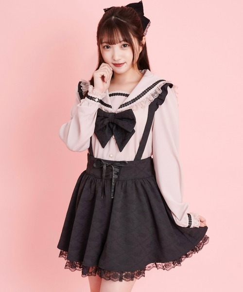 Secret Honey（シークレットハニー）の「フリルサスペンダー付フレアショートパンツ（その他パンツ・レディース・キナリ/ブラック/ストライプ・MEDIUM）」の2枚目の写真