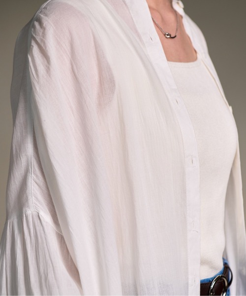 folka（フォルカ）の「袖口 シャーリング 長袖 シアーシャツ ワンピース（シャツ/ブラウス・レディース・ネイビー/アイボリー/ライトグリーン・FREE）」の11枚目の写真