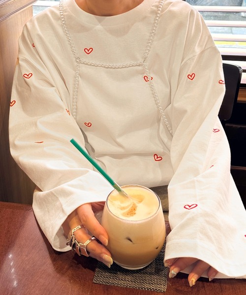 Alley by w closet（アリーバイダブルクローゼット）の「【Alley】ハート刺繍クルーネックロンT（Tシャツ/カットソー・レディース・レッド系その他/ホワイト×ブラック・FREE）」の7枚目の写真