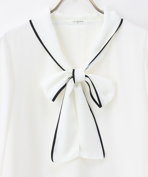 Honeys（ハニーズ）の「配色ボウタイブラウス（シャツ/ブラウス・レディース・ブラウン/ネイビー/アイボリー/グレイッシュベージュ/ブルーグリーン・M/S/LL/L/3L）」の20枚目の写真