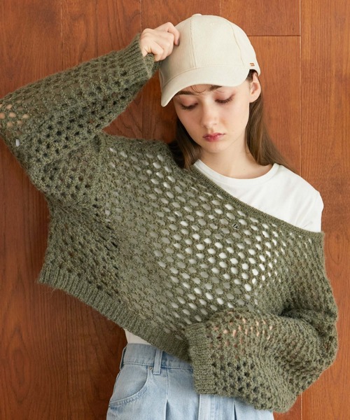 archives（アルシーヴ）の「２ｗａｙテープヤーンメッシュニット（ニット/セーター・レディース・チャコールグレー/ピンクベージュ/アイボリー/グリーン/グレー・MEDIUM）」の4枚目の写真