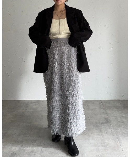 leimn（レイムン）の「フリンジジャガードロングスカート（スカート・レディース・グレー/ブラック・M）」の3枚目の写真