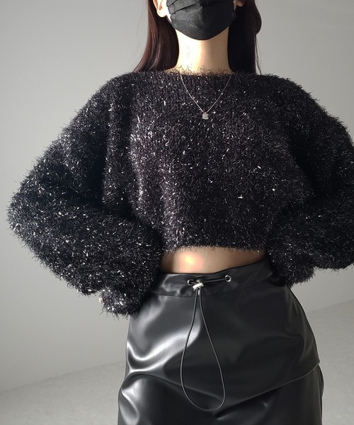 me+em select(ミームセレクト)の「【 2color 】ラメシャギーショートニットトップス(ニット/セーター・レディース・シルバー/ブラック・FREE)」の3枚目の写真