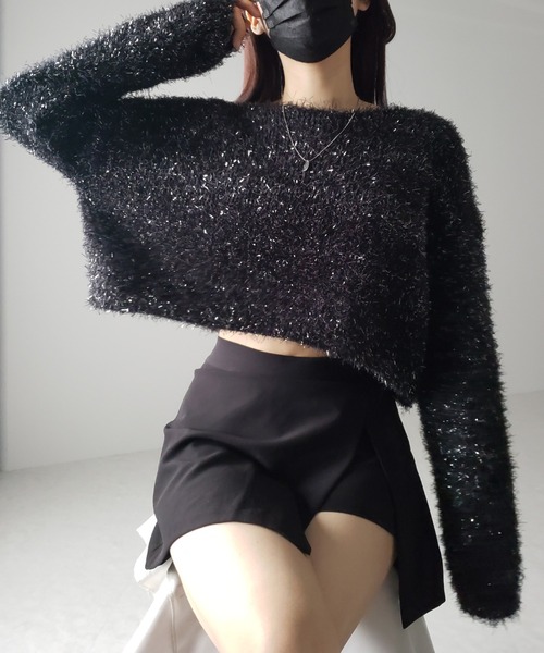 me+em select(ミームセレクト)の「【 2color 】ラメシャギーショートニットトップス(ニット/セーター・レディース・シルバー/ブラック・FREE)」の12枚目の写真