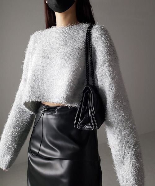 セール】【 2color 】ラメシャギーショートニットトップス（ニット