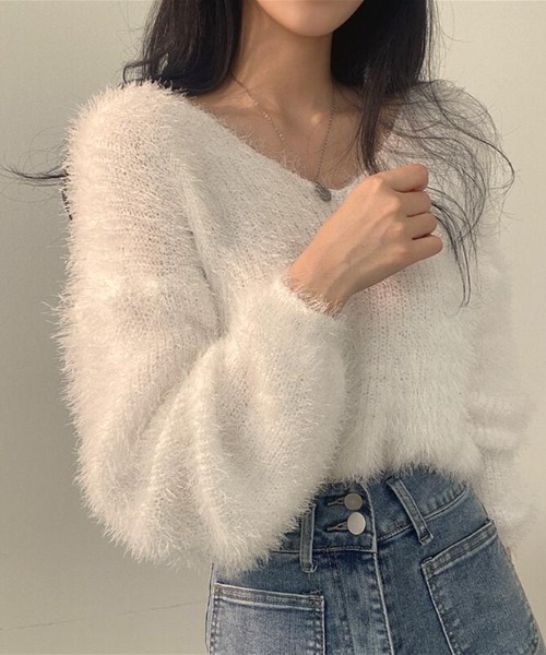 COCOMOMO(ココモモ)の「Vネックシャギーニットトップス(ニット/セーター・レディース・ブラック/ホワイト/ピンク/ブルー/グレー・FREE)」の8枚目の写真
