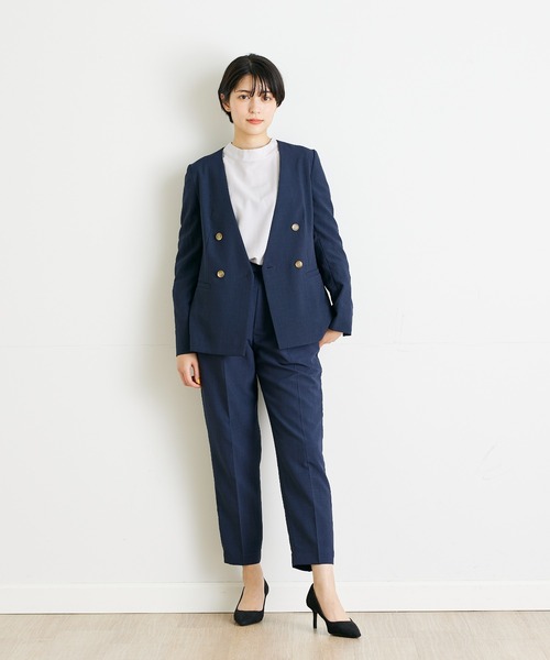 INED CLARO（イネドクラロ）の「【洗えるセットアップ】リネンライクメランジ カラーレスジャケット（スーツジャケット・レディース・ネイビー/モカ・7号/9号/11号）」の3枚目の写真