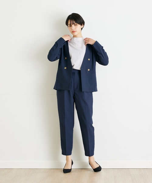INED CLARO（イネドクラロ）の「【洗えるセットアップ】リネンライクメランジ カラーレスジャケット（スーツジャケット・レディース・ネイビー/モカ・7号/9号/11号）」の5枚目の写真